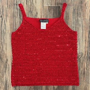 Quest-Ce Que C'est? Silk & Metallic V-Neck Tank Top Womens Lg Red Beads Sequins